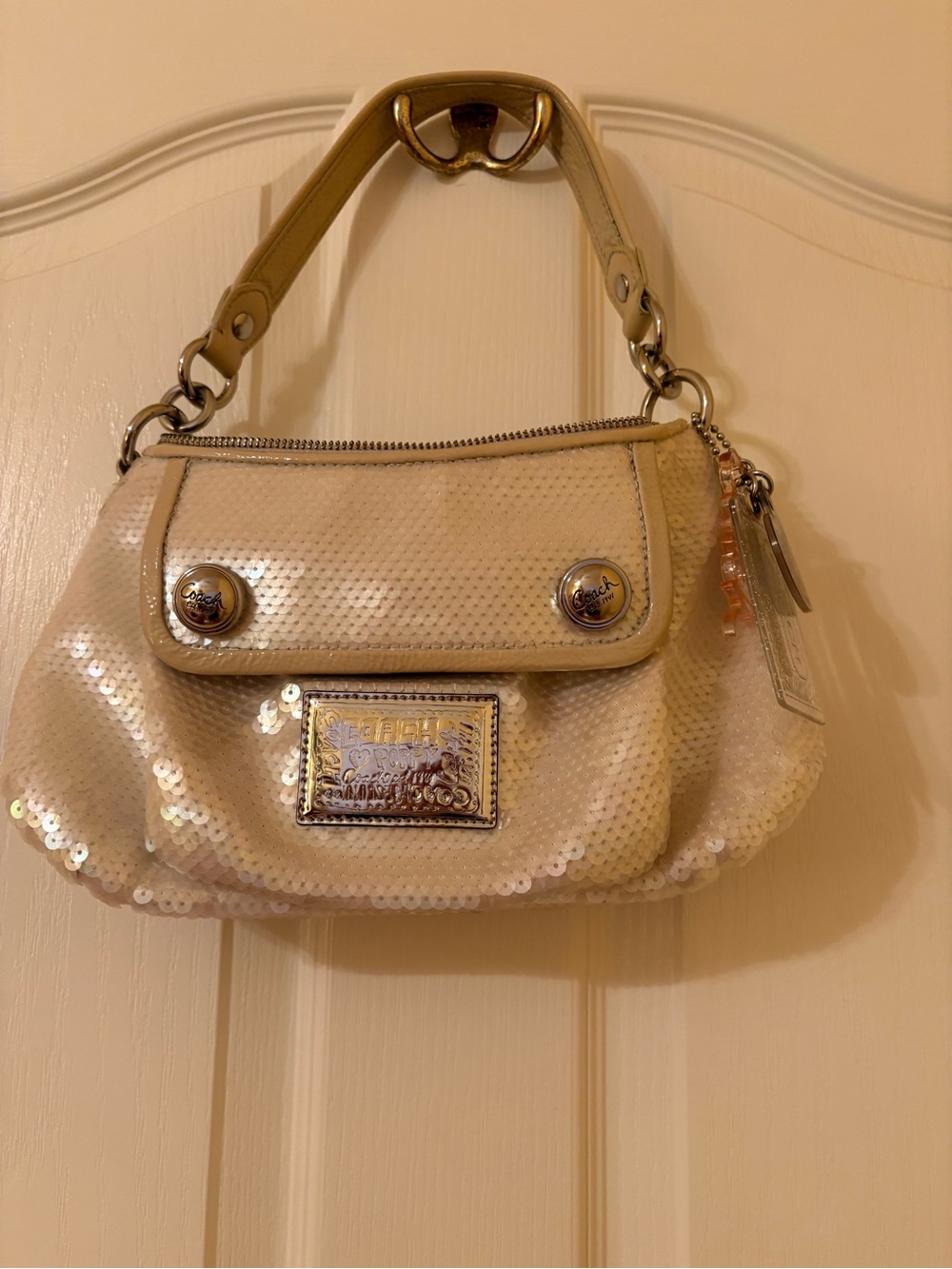 Coach Poppy Pearl Opalescent Sequin Shoulder Bag with Leather Trim